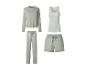 Ensemble de pyjama femme vert clair avec haut à manches longues, pantalon long, débardeur et short.