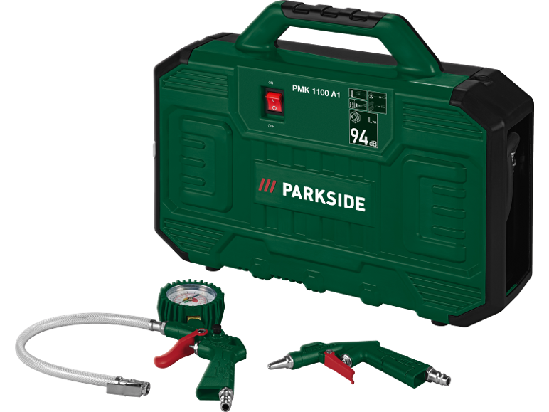 Compresseur d'air portable avec manomètre et deux buses, PMK 1100 A1, 94 dB