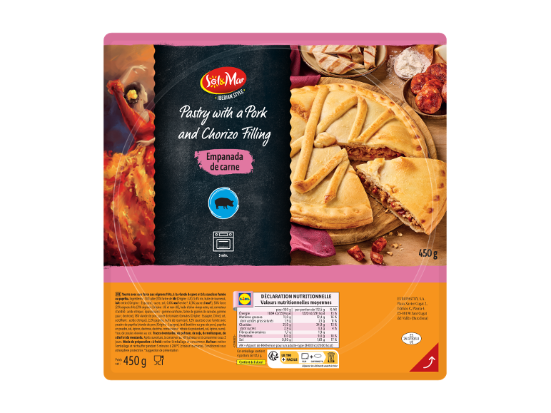 Empanada au porc et chorizo, avec danseuse espagnole et informations nutritionnelles.