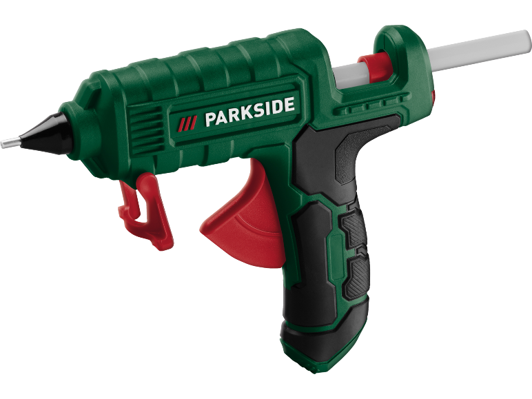 Pistolet à colle chaude vert avec gâchette rouge et poignées caoutchoutées noires.