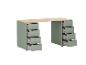 Bureau vert clair avec plateau en bois et tiroirs ouverts