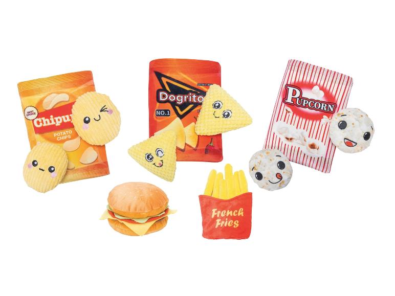 Jouets en forme de snacks : Chipu, Dogrito, Pupcorn, hamburger et frites.