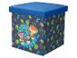 Boîte de rangement avec couvercle bleu, avec personnages de la Pat' Patrouille et motifs de dinosaures.