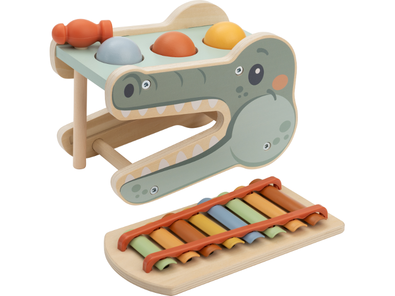 Jouet en bois crocodile banc à marteler avec xylophone aux couleurs pastel.