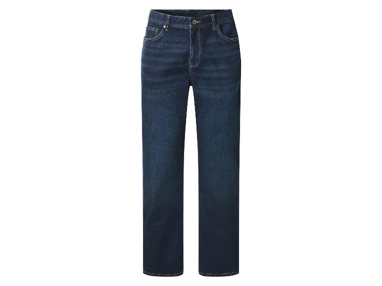 Jean droit homme bleu foncé avec surpiqûres contrastantes.