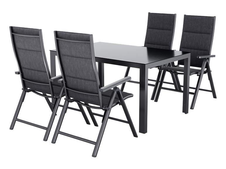 Ensemble de salle à manger d'extérieur gris foncé avec une table rectangulaire et quatre chaises pliantes.