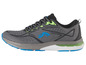 Chaussures de course grises avec des accents bleus et verts