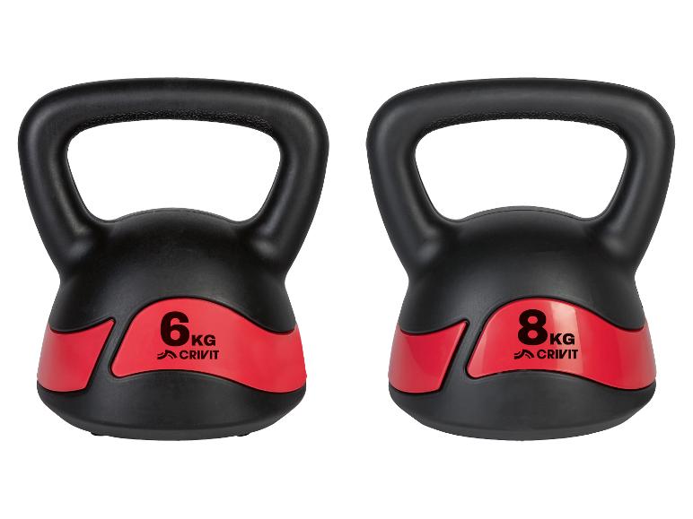 Deux kettlebells noires Crivit, de 6 kg et 8 kg.