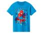 T-shirt bleu à manches courtes avec un imprimé graphique d'un super-héros et du texte