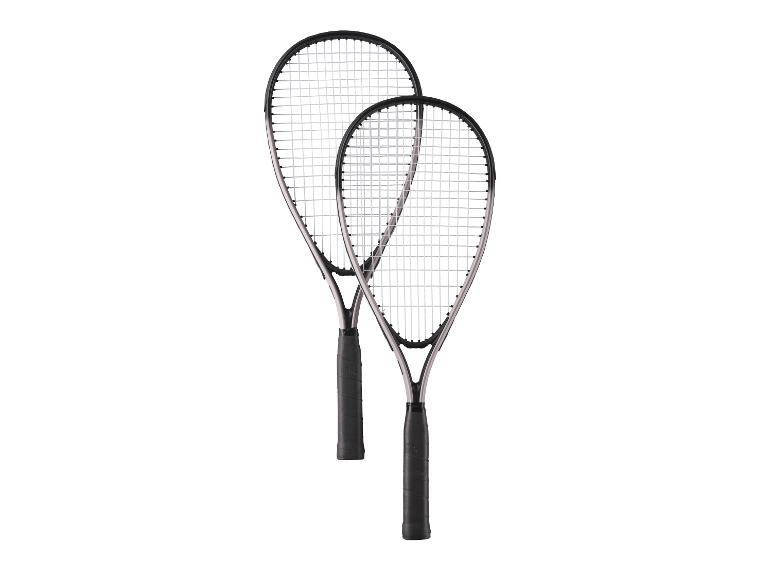 Deux raquettes de squash noires et grises avec des cordes blanches.