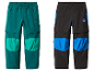 Deux pantalons convertibles pour enfants, un bleu-vert et un noir, avec des détails bleus.