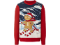 Pull de Noël festif rouge et bleu avec un bonhomme de pain d'épices faisant du ski.