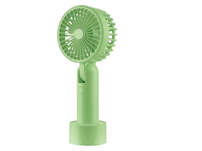 Ventilateur de bureau vert pâle, rechargeable et portatif.