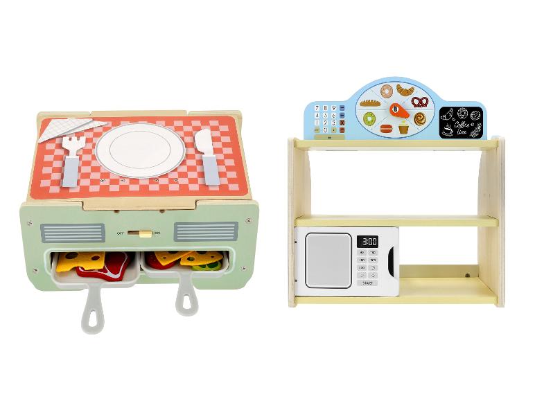 Grille-pain jouet en bois avec nourriture et micro-ondes jouet en bois avec comptoir de boulangerie.
