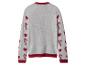 Pull gris avec motif de cœurs rouges et cannes à sucre sur les manches, avec col et ourlet rouges.