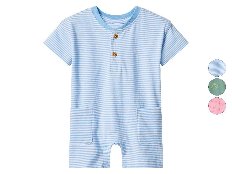 Barboteuse bébé à rayures bleues et blanches, manches courtes et deux boutons