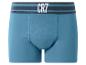 Caleçon bleu pour homme avec ceinture rayée et texte blanc.