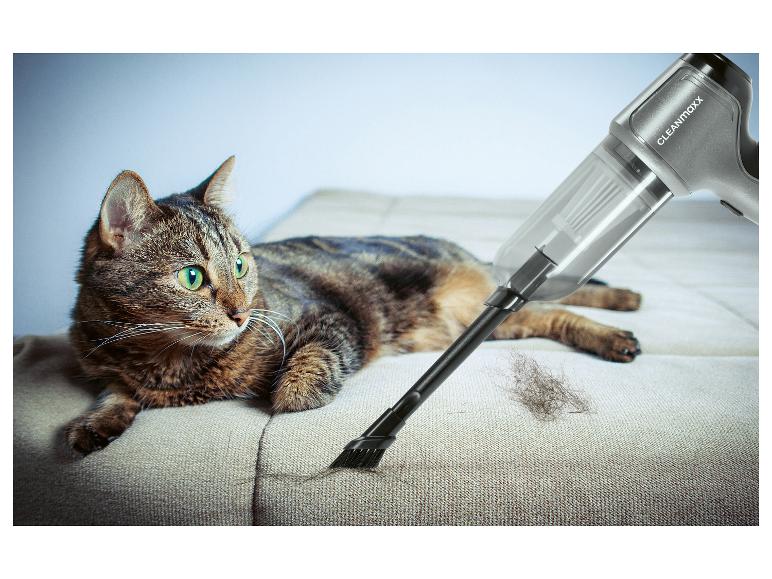 Un chat est allongé sur un canapé pendant qu'un aspirateur à main ramasse les poils.