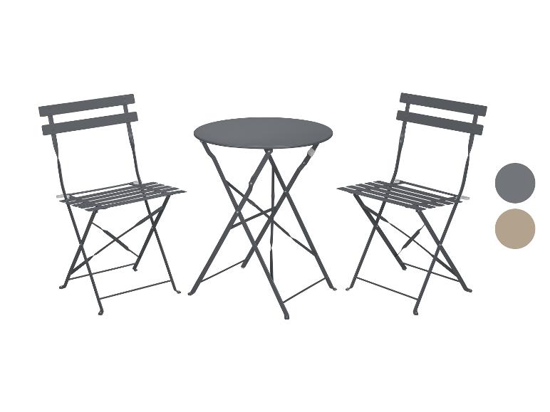Ensemble de bistrot pliable gris avec une table ronde et deux chaises.