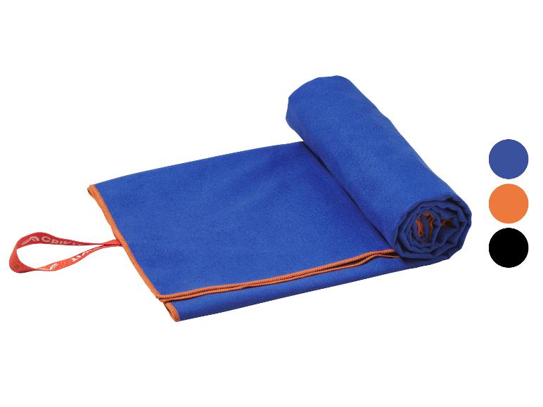 Serviette microfibre bleue avec bord orange, partiellement roulée, avec échantillons de couleurs