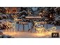 Figures lumineuses de rennes de Noël dans un jardin enneigé avec table et chaises