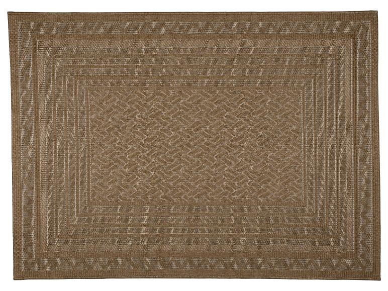 Tapis d'extérieur marron avec un motif géométrique en chevrons et des bordures rectangulaires.