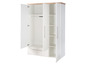Une armoire blanche avec des portes ouvertes, des étagères et un tiroir.