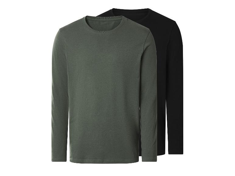 Deux t-shirts à manches longues, un vert foncé et un noir, empilés sur fond blanc.