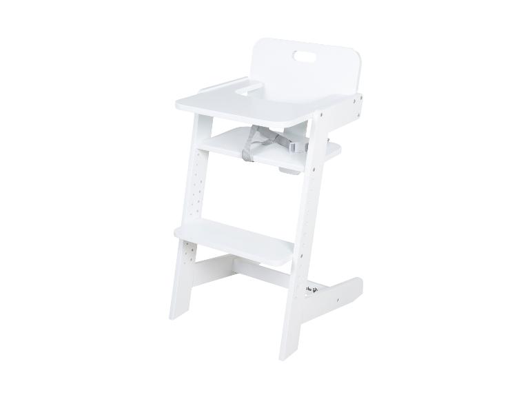 Chaise haute en bois blanc réglable avec plateau et harnais de sécurité