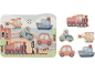 Puzzle en bois avec véhicules : train, hélicoptère, scooter, voiture et bateau.