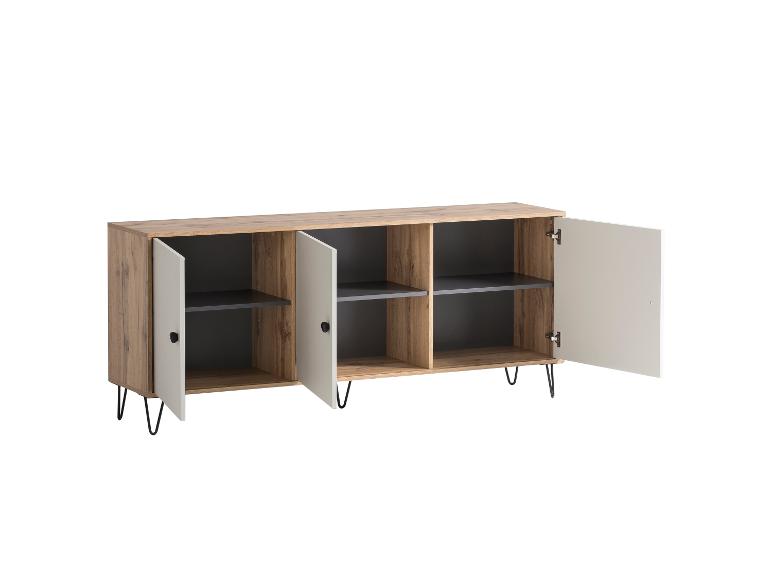 Buffet en bois et gris avec pieds épingles noirs, portes ouvertes