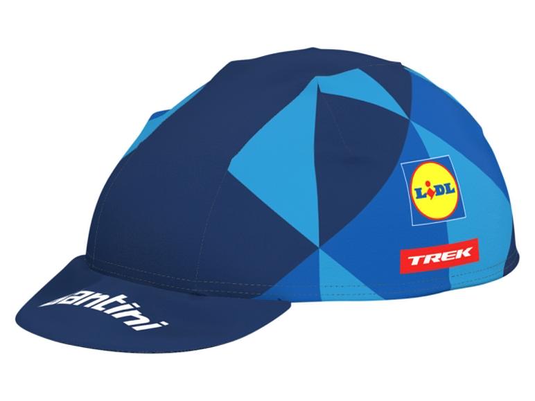 Casquette de cyclisme bleue avec motifs géométriques et logos.