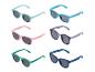 Six paires de lunettes de soleil colorées pour enfants, dont bleues, roses, vertes et violettes.