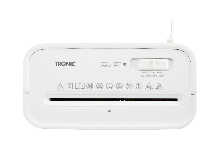 Destructeur de papier Tronic blanc avec commandes et icônes de sécurité.