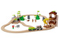Un set de train en bois avec une jeep, un éléphant et des singes.