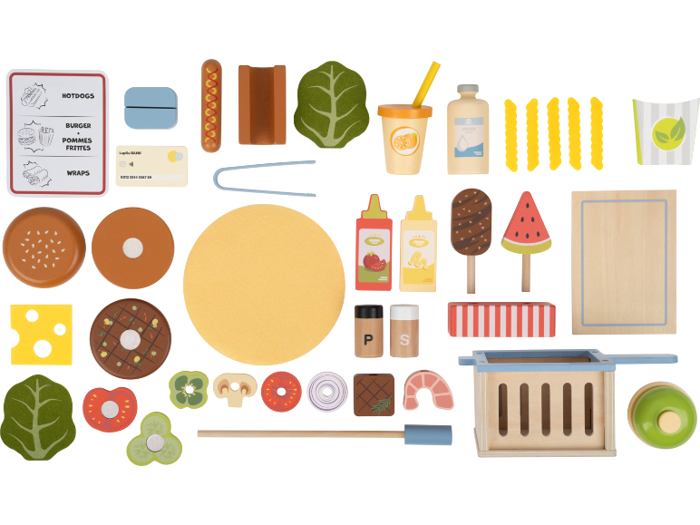 Set de fast-food en bois pour enfants avec burgers, frites et accessoires.