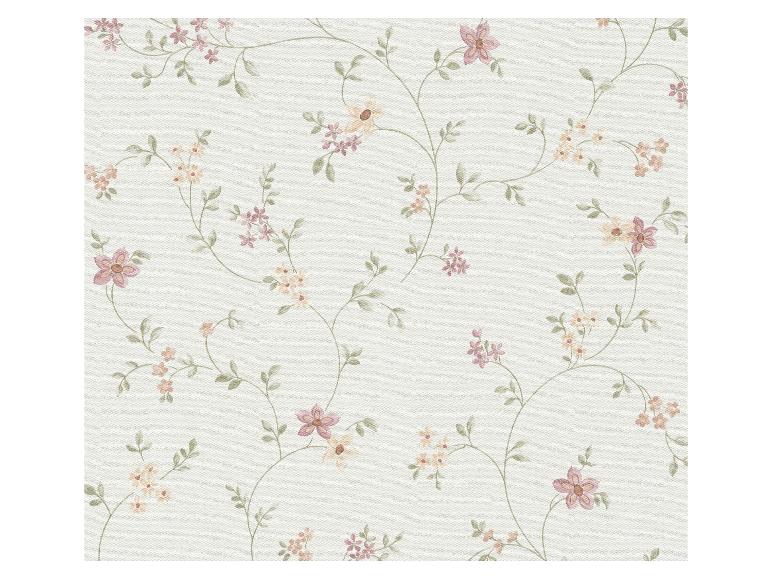 Papier peint floral avec de délicates fleurs roses et pêche sur des vignes vertes sinueuses.