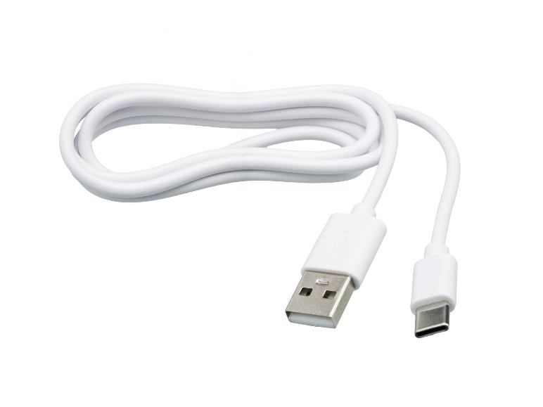 Câble blanc USB-A vers USB-C, enroulé sur fond blanc.