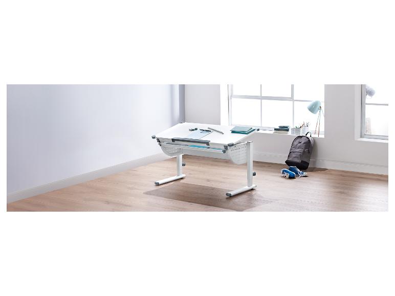 Bureau enfant inclinable avec rangements intégrés.