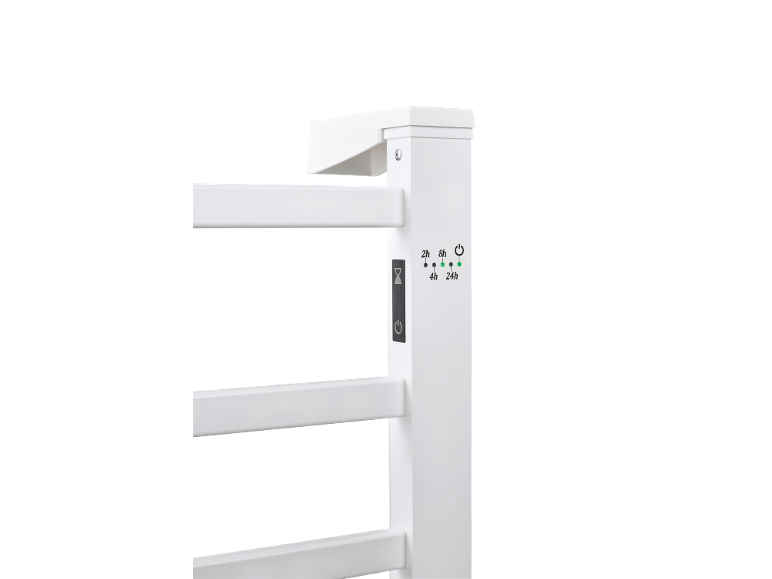 Sèche-serviettes blanc avec minuterie numérique pour 2, 4, 8 ou 24 heures.