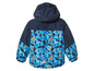 Une veste imperméable bleue à capuche avec un motif géométrique.