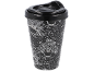Tasse à café réutilisable noire avec couvercle, décorée de tasses et du texte « Coffee ».