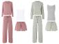 Pyjamas, hauts et shorts: ensembles rose poudré et vert clair.