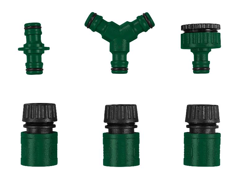 Raccords de tuyaux d'arrosage Parkside : adaptateurs, répartiteur et bouchons.
