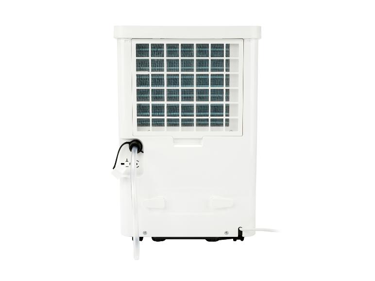 Déshumidificateur blanc avec face arrière visible, grille et tuyau de drainage