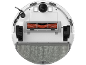Vue de dessous d'un robot aspirateur avec serpillière grise et brosse rotative rouge.