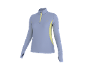 Haut de sport à manches longues pour femme, bleu clair avec empiècements jaunes et fermeture éclair.
