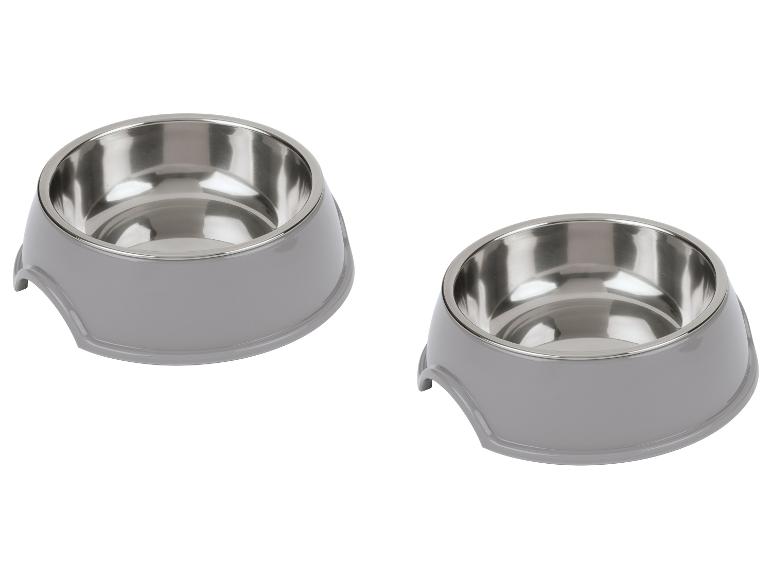 Deux gamelles pour animaux de compagnie en acier inoxydable et plastique gris