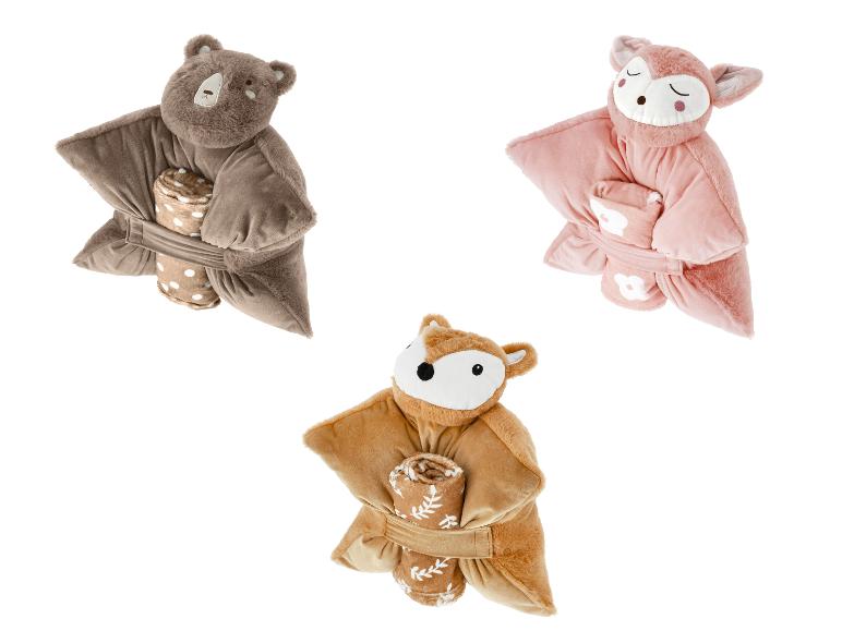 Trois couvertures en peluche animaux : ours brun, renard rose et renard brun.