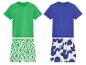 T-shirts et shorts enfant : motifs géométriques verts et bleus.